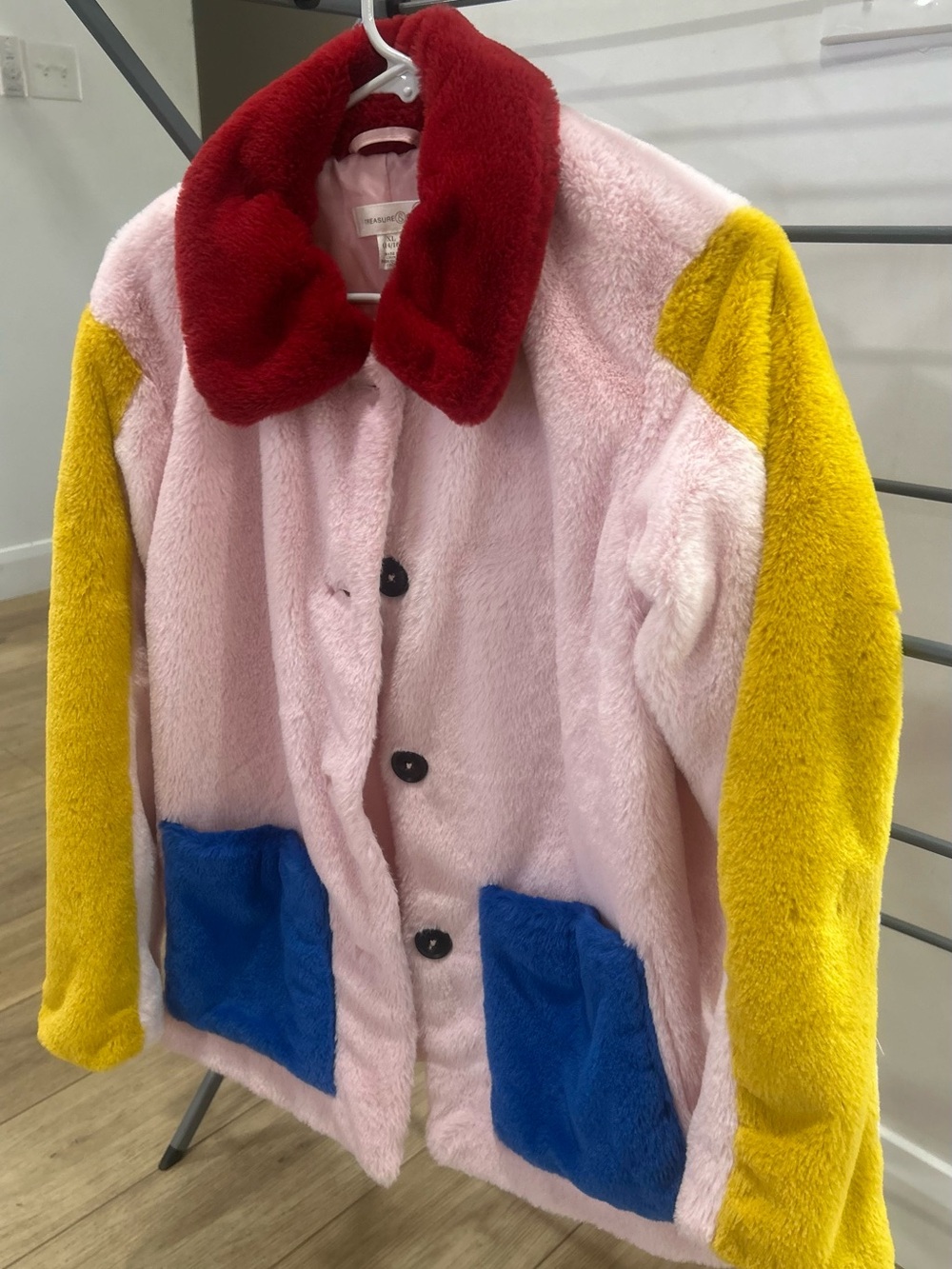 Treasure & Bond Colorblock Faux Fur Jacket in Pink, Yellow, Blue & Red